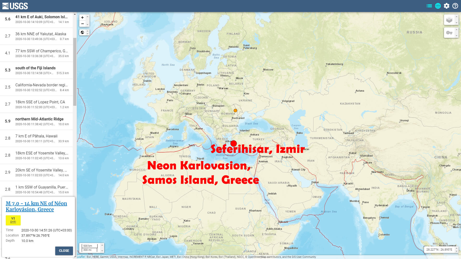 Samos Yunanistan - Seferihisar Izmir - Sep 30 Depremi USGS Haritasi